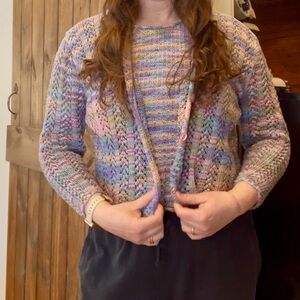 Vintage Hand Knit Pastel Rainbow Stripe Sweater Twin Set Med Cottagecore Artsy
